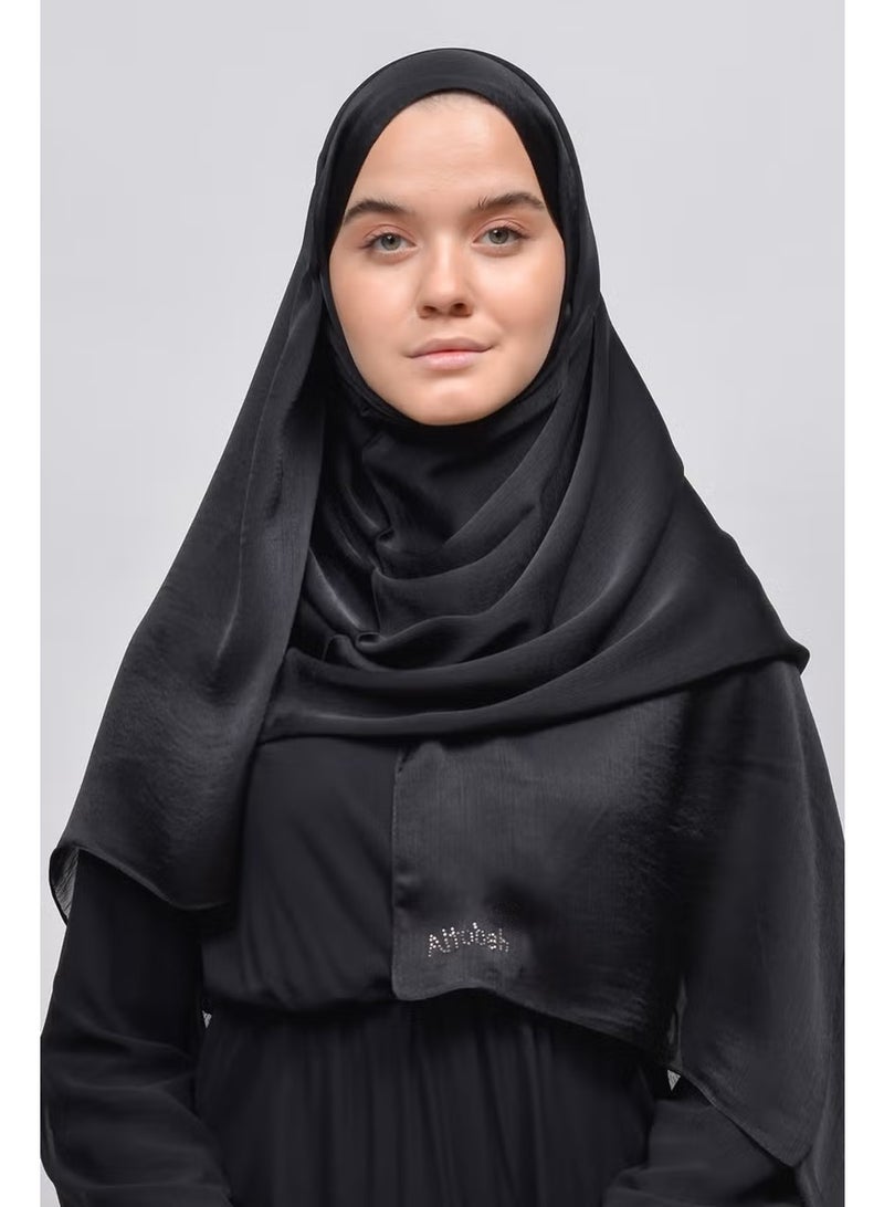 Altobeh Janjan Shiny Satin Textured Hijab Evening Dress Chiffon Shawl-Black - Image 4